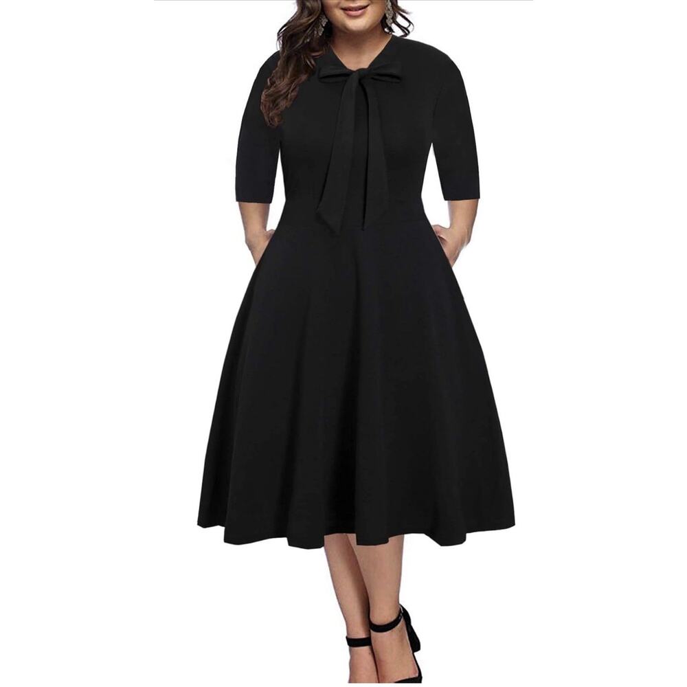 Black Long Sleeve Tie-Neck A-Line Dress